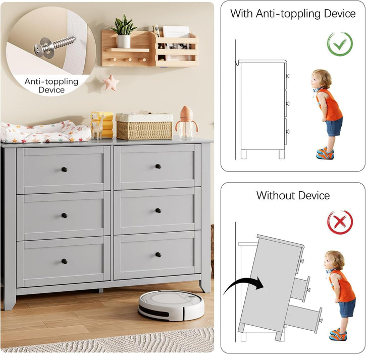 Grey 6 Drawer Dresser for Bedroom, Large Dresser with Deep Drawers & Metal Knobs, Modern Wooden Chests of Drawers for Entryway, Hallway