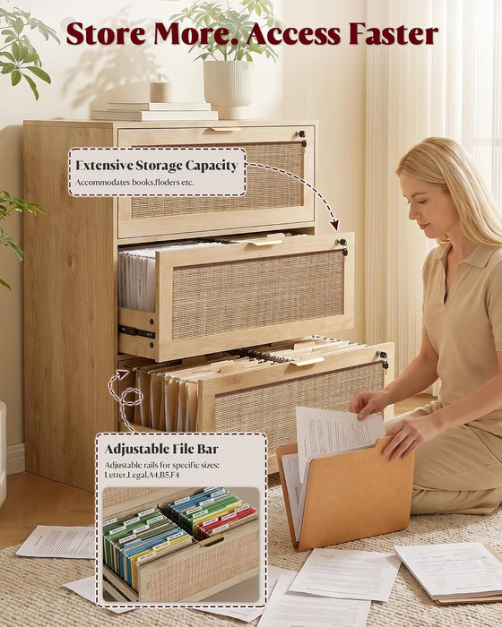 Extra Large 3 Drawers Rattan File Cabinet with Lock