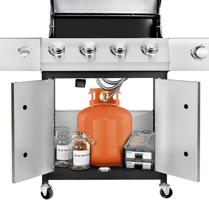 4-Burner Propane Gas BBQ Grill with Side Burner, Barbecue Gas Grill with Enameled Cast Iron Grates for Outdoor Patio Garden Barbecue, 53,000 BTU, Stainless Steel Grill Cover Included
