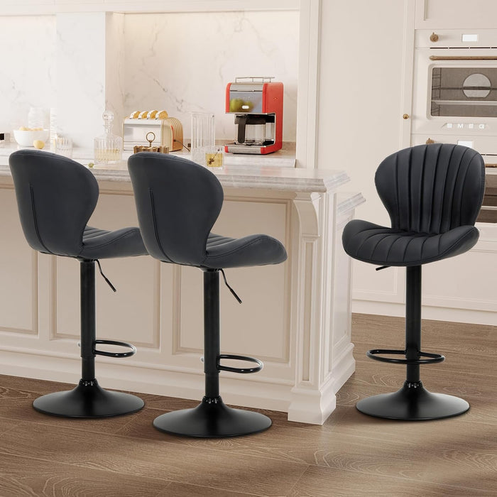 Bar Stools Set of 3, Adjustable Modern Swivel Bar Chairs, Faux Leather Upholstered Barstools Counter Height with High Backrest for Bar, Kitchen Island, Dining Room, Black
