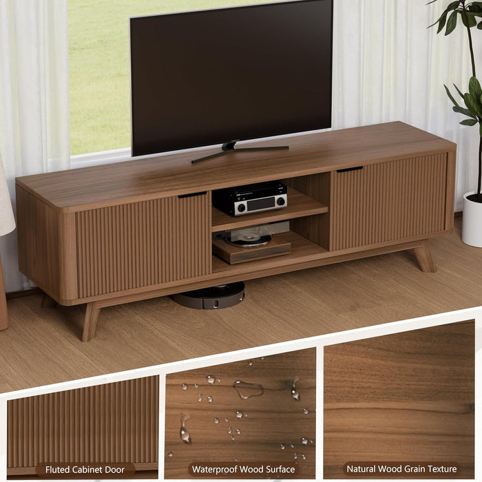 Mid Century Modern for TV Stand for Tvs up to 55-65 Inch,Tv Stand for Living Room,Tv Console with Storage,Tv Console with Fluted Door Cabinets and Open Shelves,Walnut