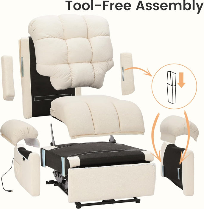 2024 New Power Recliner Chair for Adults, Adjustable Electric Recliner Power Recliner, USB Port, Ultra-Comfy Teddy Fleece Recliner for Living Room, Tool-Less Assembly Single Sofa, Beige White