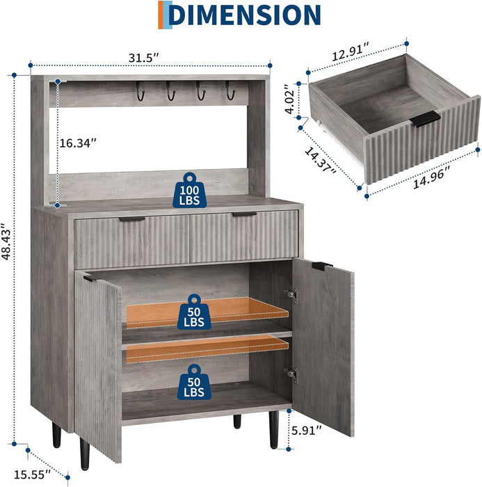 Fluted Sideboard Buffet Cabinet with Storage, Modern Coffee Bar Cabinet with Adjustable Shelves & 2 Drawers, Wood Buffet Console Table for Dining Room Living Room Kitchen Entryway, Grey