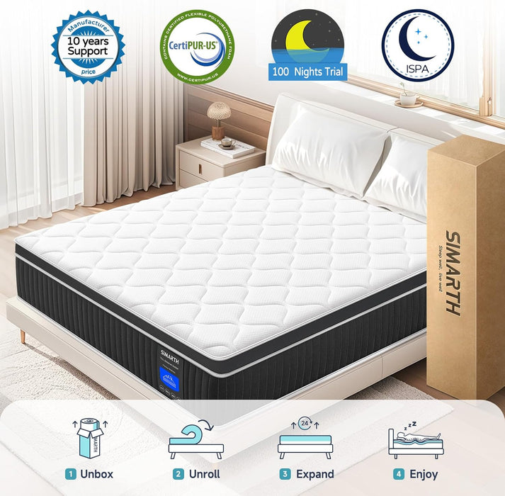 Full Mattress 10 Inch, Medium Firm, Memory Foam & Pocketed Coil Hybrid, Pressure Relief & Edge Support, White & Black, 54"W X 75"D X 10"H