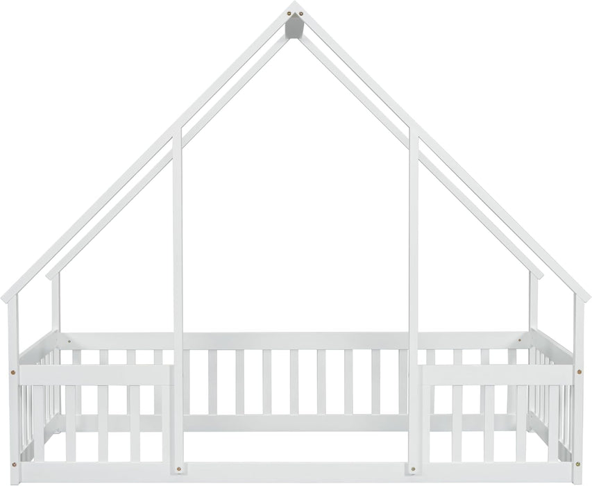 Twin White Montessori House Floor Bed IntegratedFence