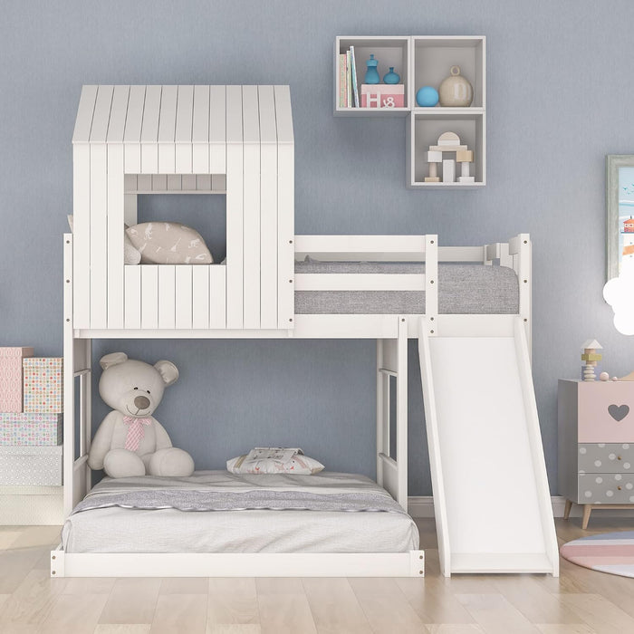 Twin over Full Bunk Bed Frames Loft Bed with Slide, House Roof, Window and Safety Guardrails for Boys or Girls, White