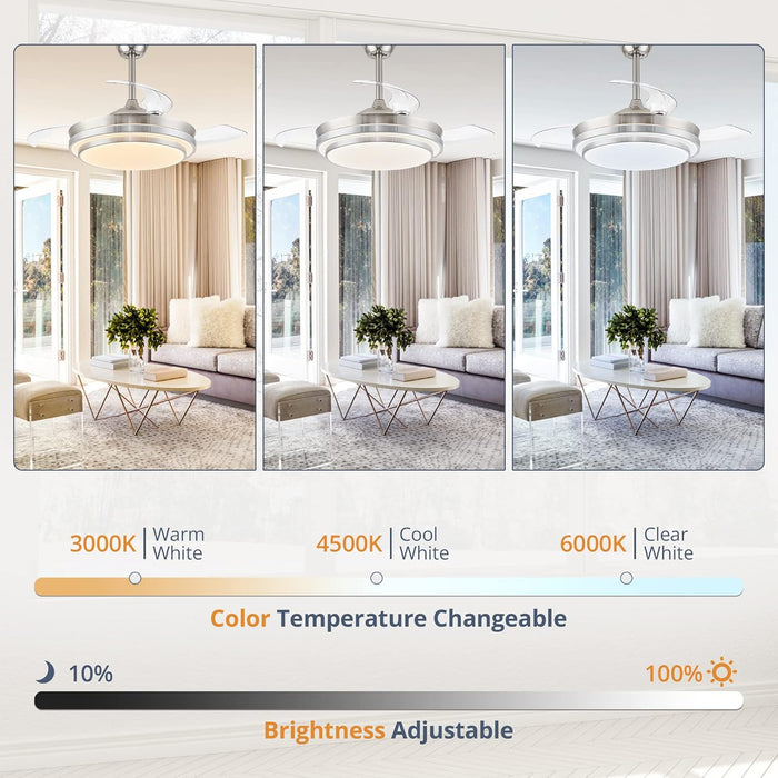 Retractable Ceiling Fans with Lights and Remote, 42 Inch Fandelier Ceiling Fans with LED Lighting, Smart Modern Ceiling Fan, Stepless Color Changeable, Dimmable, Timer Setting, Brush Nickel