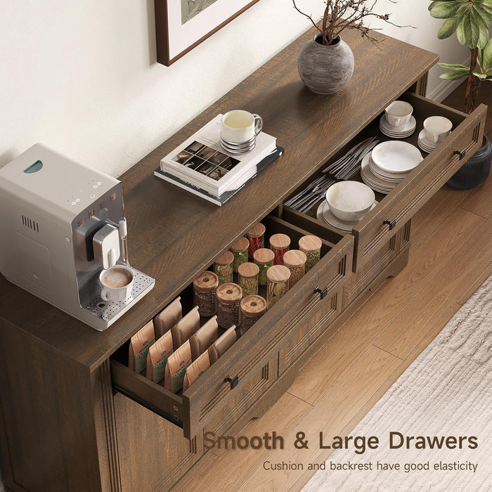 63" Sideboard Buffet Cabinet, Kitchen Buffet Storage Cabinet, Large Credenza with Drawers & Doors, Wood Coffee Bar Console Wine Bar for Living Room Hallway Brown