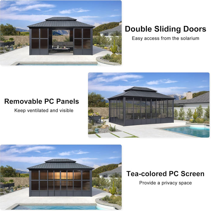 12' X 16' Solarium Sunroom Permanent Hardtop Gazebo Galvanized Steel Double Roof Aluminum Outdoor Screen House for Lawn Deck Backyard Grey