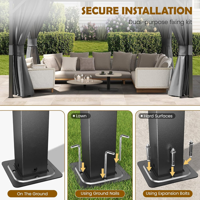 12'X14' Hardtop Gazebo, Permanent Patio Pavilion with Breathable Netting and Privacy Curtain for Dining Party, Grey