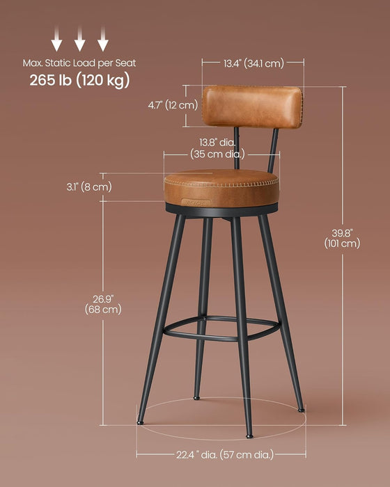 EKHO Collection - Bar Stools Set of 2, Swivel Bar Height Bar Stools with Back, Synthetic Leather with Stitching, Mid-Century Modern, 30-Inch Tall Barstools for Kitchen Home Bar, Caramel Brown