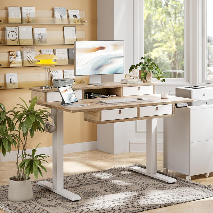 55 * 28 Inch Standing Desk with Four Drawers, Electric Sit Stand Table, Stand up Desk Adjustable Height with Storage Shelf, Splice Board, Maple