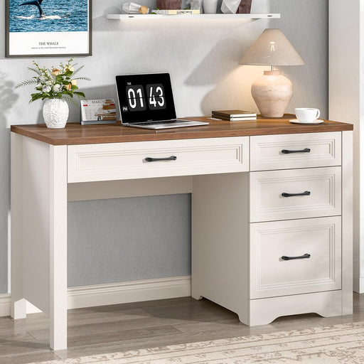 Farmhouse Executive Desk with Storage and Ample File Drawer, Rustic Large Home Writing Desk for Bedroom, White - ShipItFurniture