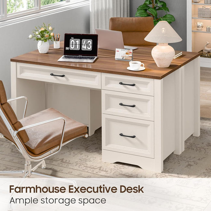 Farmhouse Executive Desk with Storage and Ample File Drawer, Rustic Large Home Writing Desk for Bedroom, White - ShipItFurniture