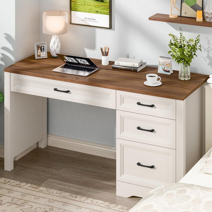 Farmhouse Executive Desk with Storage and Ample File Drawer, Rustic Large Home Writing Desk for Bedroom, White - ShipItFurniture