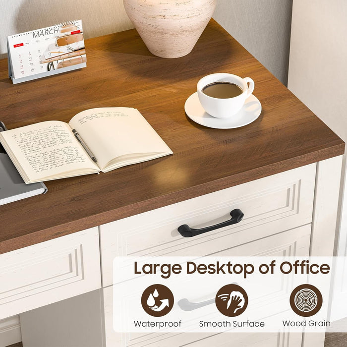 Farmhouse Executive Desk with Storage and Ample File Drawer, Rustic Large Home Writing Desk for Bedroom, White - ShipItFurniture