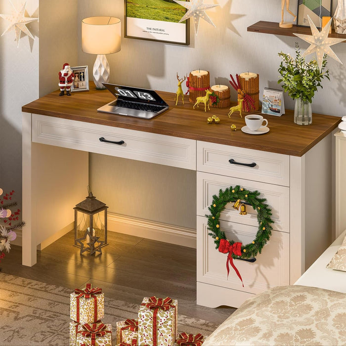 Farmhouse Executive Desk with Storage and Ample File Drawer, Rustic Large Home Writing Desk for Bedroom, White - ShipItFurniture