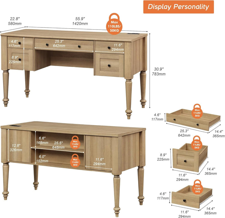 Farmhouse Executive Desk with Storage and Charging Station - ShipItFurniture