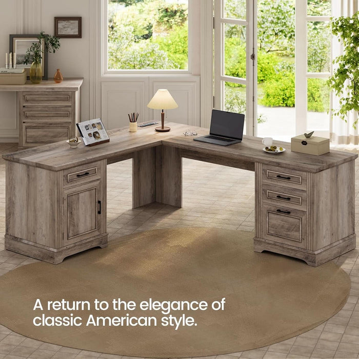 Farmhouse L Shaped Desk, Executive Computer Desk with Drawers and Storage Cabinet, Home Office Desk with File Drawer and Power Outlet, Corner Desk, Workstation for Office Home, Grey - ShipItFurniture