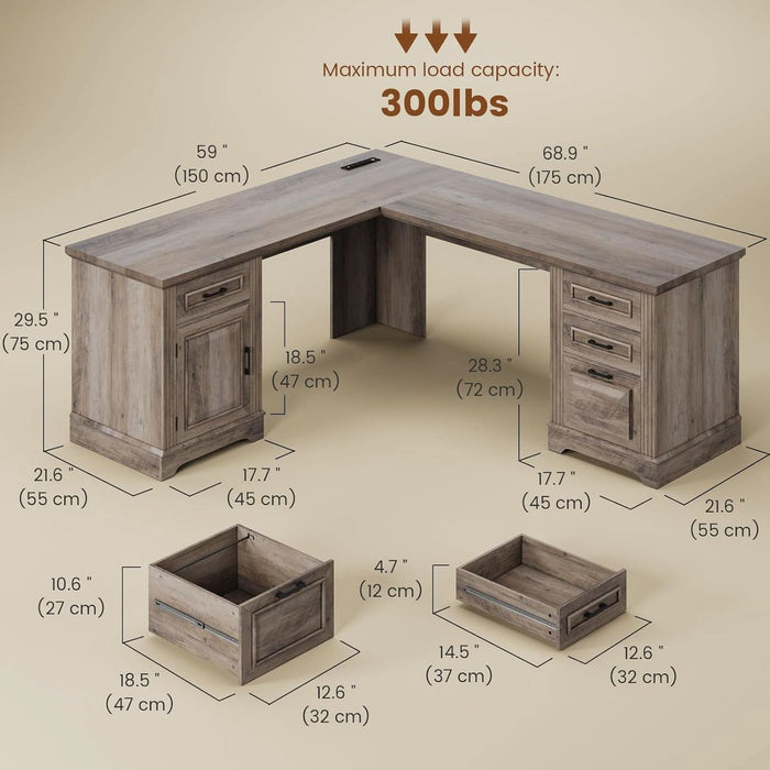 Farmhouse L Shaped Desk, Executive Computer Desk with Drawers and Storage Cabinet, Home Office Desk with File Drawer and Power Outlet, Corner Desk, Workstation for Office Home, Grey - ShipItFurniture