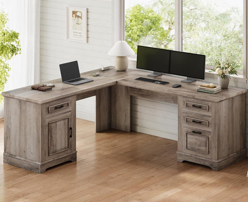 Farmhouse L Shaped Desk, Executive Computer Desk with Drawers and Storage Cabinet, Home Office Desk with File Drawer and Power Outlet, Corner Desk, Workstation for Office Home, Grey - ShipItFurniture