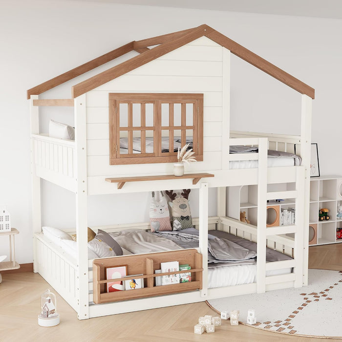 Beige SpaceSaving PlayhouseStyle Bunk Bed With Storage