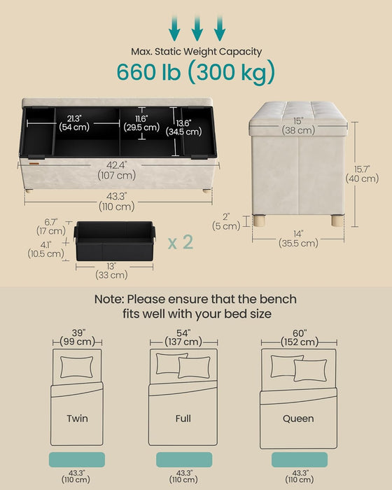 Storage Ottoman Bench, Folding Storage Chest, 15 X 43.3 X 15.7 Inches, Foot Rest Stool, 30 Gal. (112 L), Velvet Surface, for Bedroom, Entryway, Living Room, Cappuccino Beige ULSF0518W02