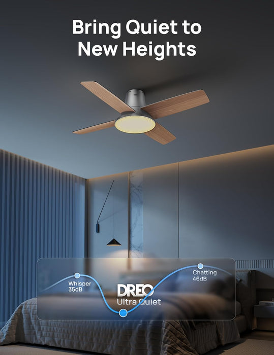 Ceiling Fans with Lights, 12 Speeds & 3 Fan Modes, Quiet DC Motor, Low Profile Easy to Install, Flush Mount Smart Ceiling Fan with Dimmable LED, 12H Timer for Bedroom, Remote, Silver, 44''