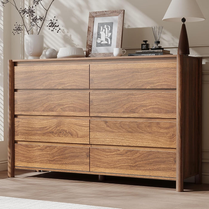 Walnut Dresser for Bedroom，55" Wide Mid Century Chest of Drawers with 8 Large Storage Space and 4 Solid Wood Cylindrical Legs,8 Drawer Large Dresser for Bedroom