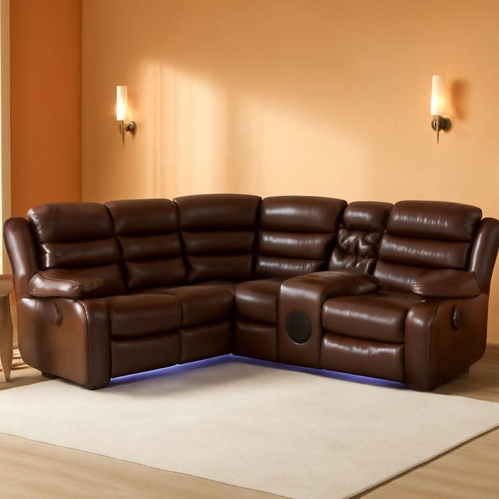 Faux Leather Living Room Set Modern Reclining Sectional Sofa with LED Light, USB Chargers, Sound System, 4Cup Holders, Hidden Storage, Brown