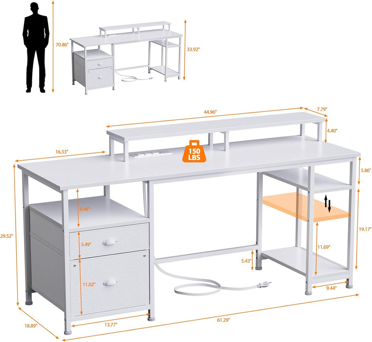 White Gaming Desk with LED Lights & Drawers