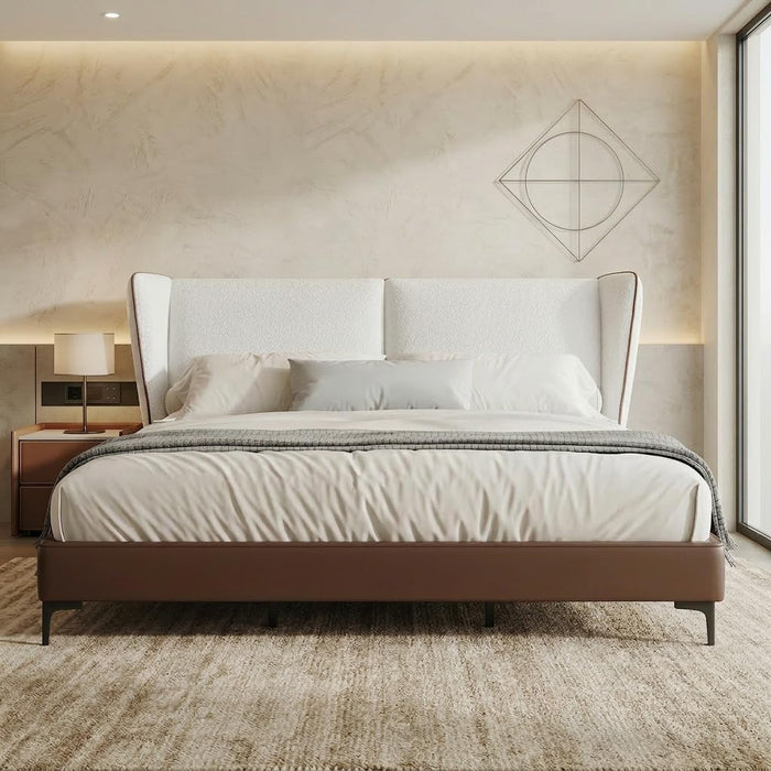 Queen Size Teddy Fleece Thick Fabric Upholstered Platform Bed,Cloud Bed Frame with Wingback Headboard,Bed Frame with Piping,Pu Upholstered Bed Frame,No Box Spring Needed, Easily Assembly,White
