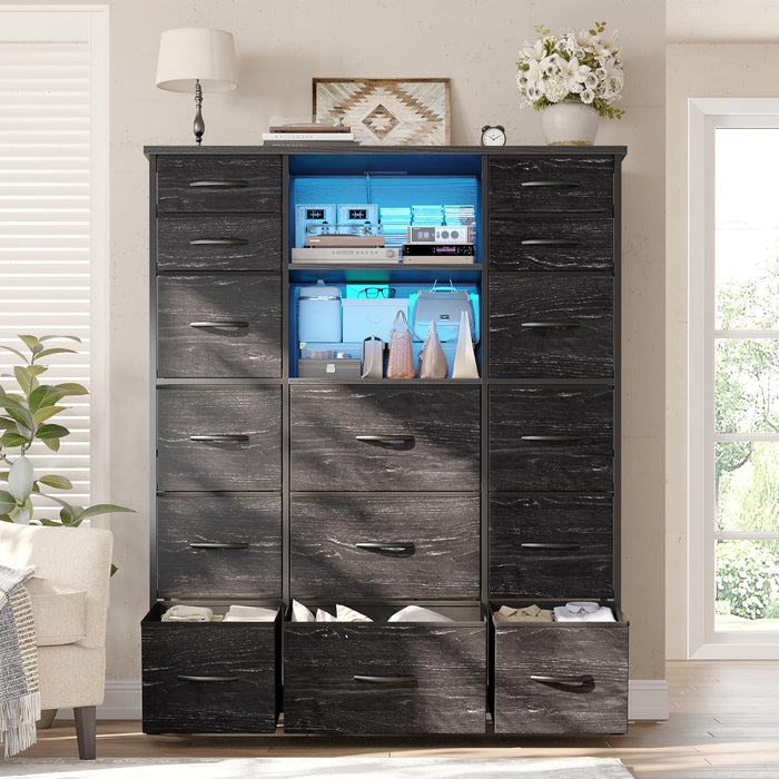 51" H Dresser with 15 Drawers Dresser for Bedroom with Charging Station & LED Lights & Hutch Sturdy Black Bedroom Dressers, Steel Frame, Wood Top, 51.2" H X 39.3" W X 11.8" D