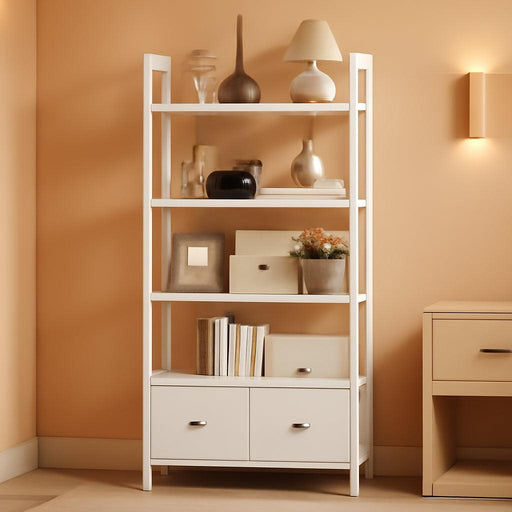 White 5 Tier Bookshelf Featuring Adjustable Drawers