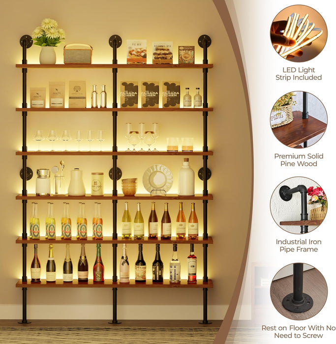 6-Tier LED Ladder Shelf, Wall Mounted Pipe Bookshelf, Walnut Brown 60 Inch