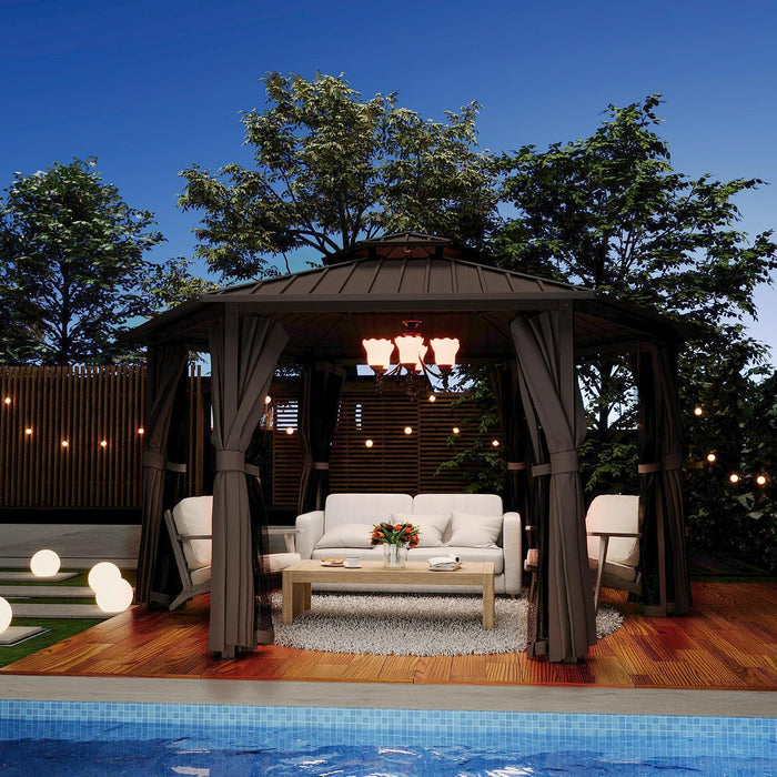 13x15 Ft Hexagonal Gazebo Brown OutdoorLiving Patio