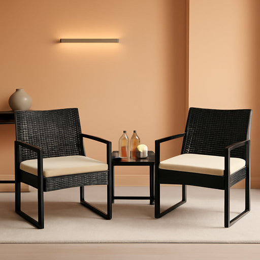 3 Pieces Rattan Bistro Set, Indoor/Outdoor Wicker Patio Modern Conversation Furniture, 2 Chairs & Tempered Glass Coffee Table for Garden, Balcony, Backyard, Poolside, Black/Khaki