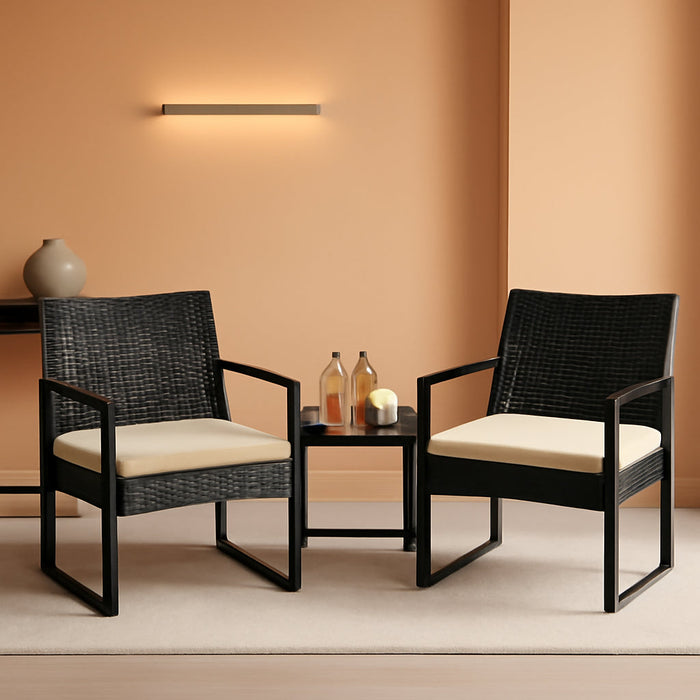 3 Pieces Rattan Bistro Set, Indoor/Outdoor Wicker Patio Modern Conversation Furniture, 2 Chairs & Tempered Glass Coffee Table for Garden, Balcony, Backyard, Poolside, Black/Khaki