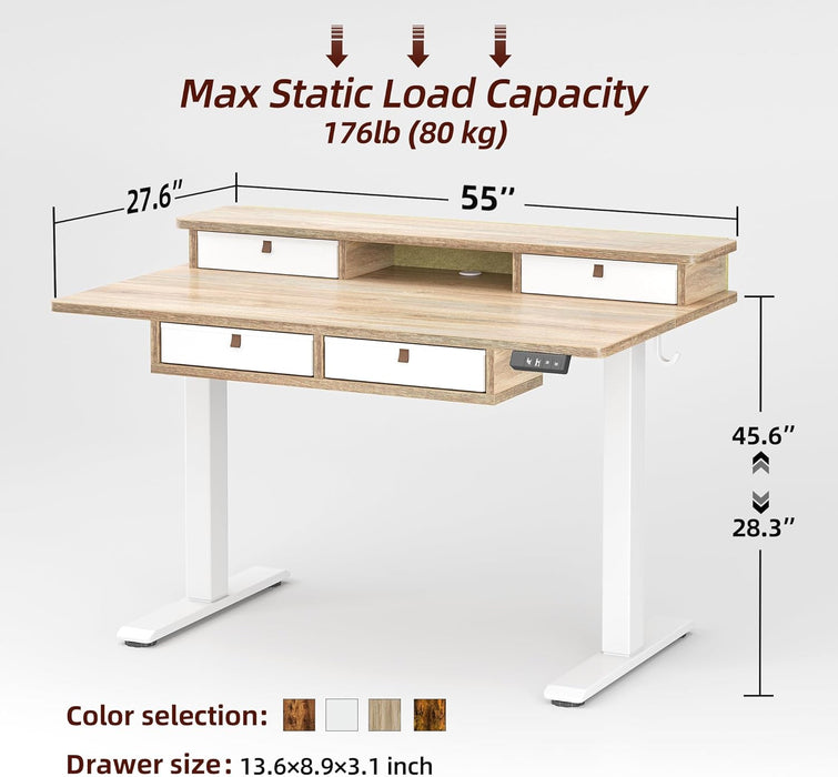 55 * 28 Inch Standing Desk with Four Drawers, Electric Sit Stand Table, Stand up Desk Adjustable Height with Storage Shelf, Splice Board, Maple