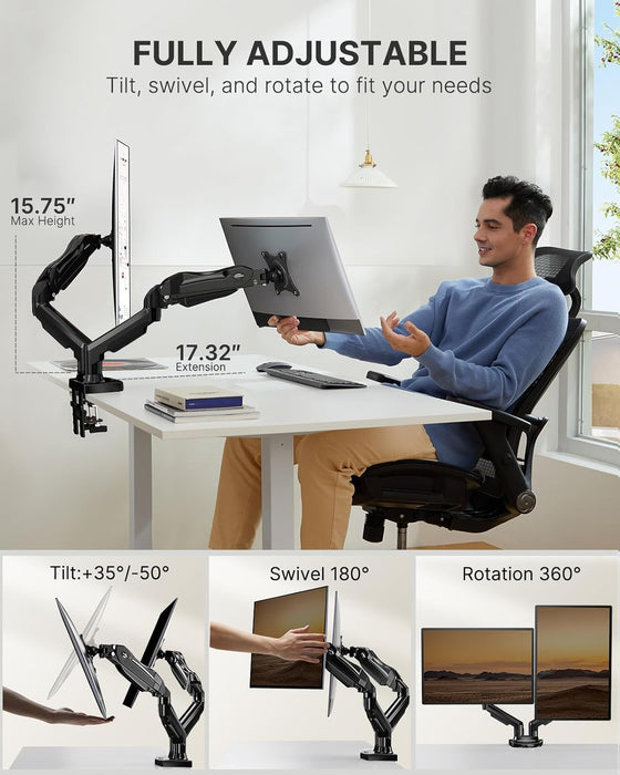 Dual Monitor Stand - Full Adjustable Monitor Desk Mount Swivel Vesa Bracket with C Clamp, Grommet Mounting Base for 13 to 32 Inch Computer Screens - Each Arm Holds 4.4 to 19.8Lbs