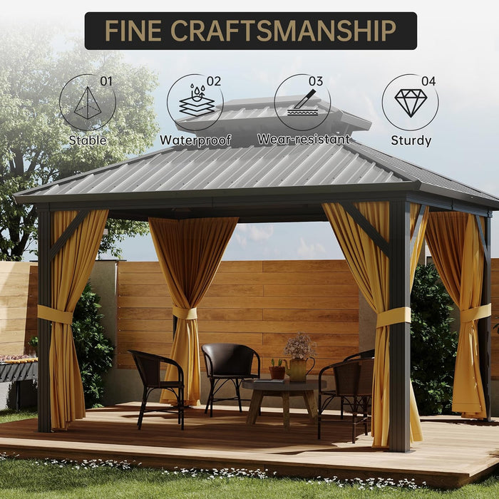 10X12 FT Hardtop Gazebo, Khaki Heavy Duty Aluminum Frame Patio Gazebo, Double Roof All-Weather Metal Canopy with Curtains and Netting for Patio, Garden, Poolside
