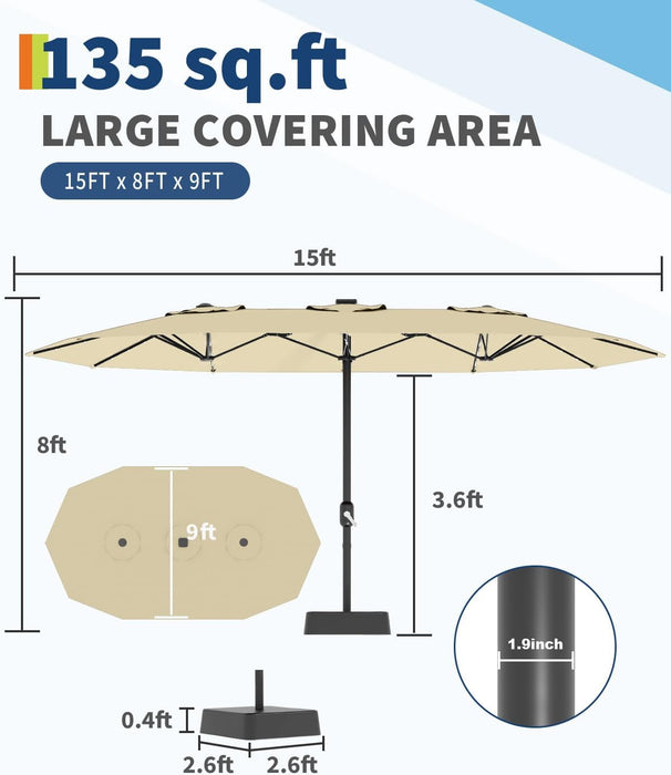 15 Ft Large Patio Umbrella with Lights, 36 LED Lights Double-Sided Patio Umbrella with Weighted Base for Poolside Garden Backyard