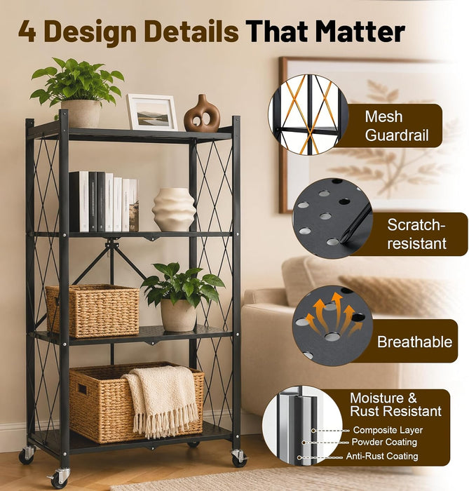 4 Tier Foldable Metal Storage Shelves on Wheels No Assembly | Heavy-Duty Shelf Unit for Kitchen, Garage, Pantry, Basement, Bookshelf, Black