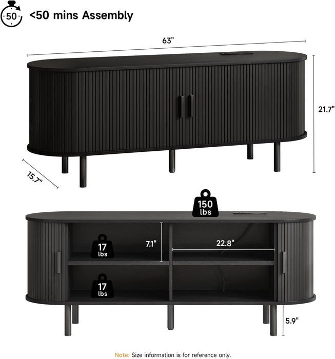 63" TV Stand with Power Outlet for Tvs up to 70 Inch, Entertainment Center with Storage and Adjustable Shelves, Modern Media Console with Sliding Doors for Living Room, Black