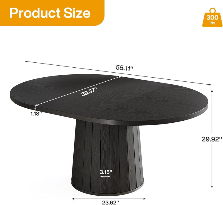 Oval Dining Table for 6 People, 55.11-Inch Farmhouse Kitchen Dinner Table with Cylindrical Pedestal (All Black)