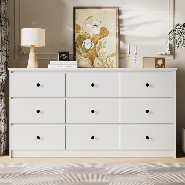 PureWhite Nine Drawer Dresser 59 Inches StorageBin