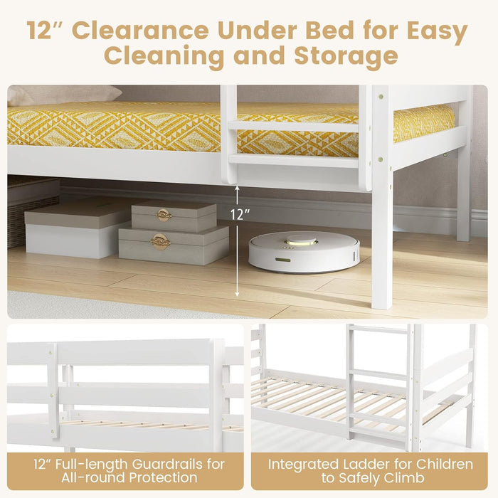 Bunk Bed Twin over Twin, Solid Wood Detachable Bed Frame with High Guardrails & Integrated Ladder, Wooden Slatted Bunk Bed for Kids & Teens, No Box Spring Needed, White