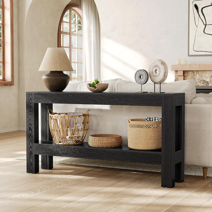 63-Inch Black Console Table for Entryway, Narrow Long Wooden Entry Table for Living Room, Hallway, Sofa, Entrance, Foyer, behind Couch with 2-Tier Storage Shelves