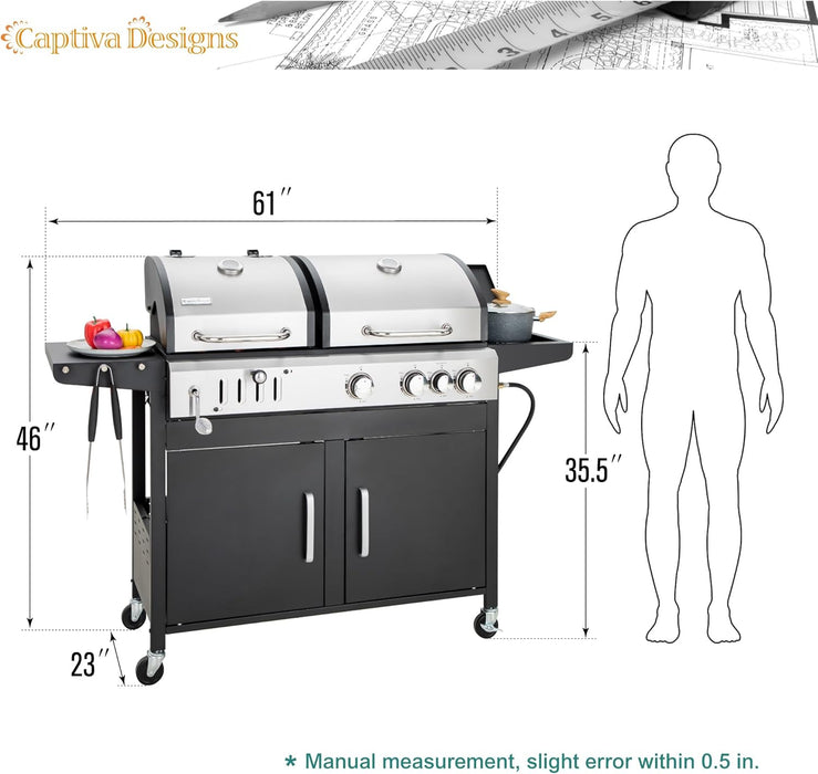 Propane Gas Grill and Charcoal Grill Combo with Side Burner & Porcelain-Enameled Cast Iron Grate, Dual Fuel BBQ Grill for Outdoor Events & Backyard Barbecue, 690 SQIN Cooking Area