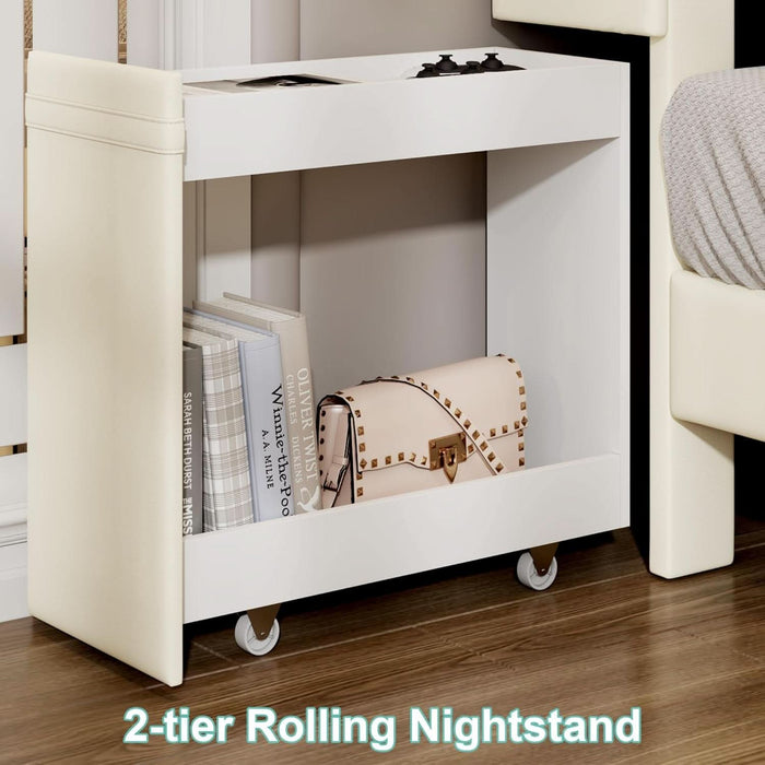 Queen PU Upholstered LED Bed Frame with Rolling Storage Nightstands, Bed Frame Queen Size with Charging Station, Wooden Slats Support, No Box Spring Needed, Noiseless, Beige White